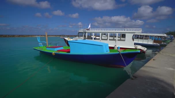 Yate atracado Barco en un puerto. Club náutico con fondo de palmeras. Puerto de Maldivas. Día soleado. — Vídeos de Stock