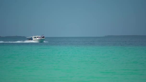 Ön i Maldiverna - Båt flyter över kristallklart havsvatten med korallrev längst ner - En vacker turistdestination - Flygdrönare skott. Paradisplats för semester — Stockvideo