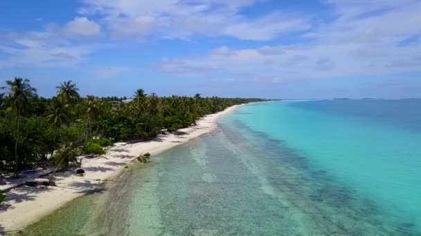Letecký pohled na tropicky bílou písečnou pláž a tyrkysovou čistou mořskou vodu s malými vlnami a palmovým lesem. Praia do Forte, Bahia, Brazílie. Cestovní tropický koncept. Maledivy a karibské moře — Stock video