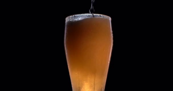 一杯啤酒在酒吧的特写。工艺啤酒。黑色背景的旋转玻璃杯.酒精概念。酒吧招待把啤酒倒进酒店 — 图库视频影像
