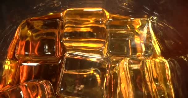 Whisky vertiendo en el vaso con muchos cubos de hielo. Contenido de alcohol. Vista superior. — Vídeos de Stock