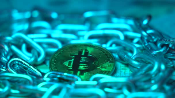 Bitcoin блокчейн криптовалюта цифрове шифрування, обмін цифровими грошима, концепція глобальних мережевих з'єднань технології . — стокове відео