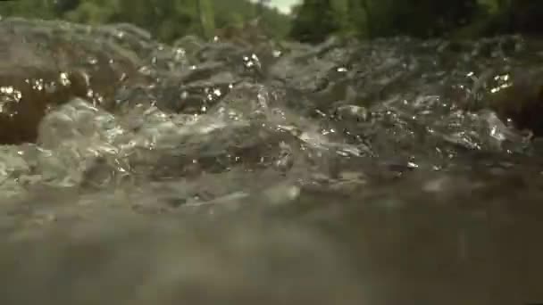 Potok tekoucí rychle v letním zeleném lese. Malý vodopád s křišťálově čistou vodou. Kameny a klády pokryté mechem. Snímek zpomalení Steadicam — Stock video