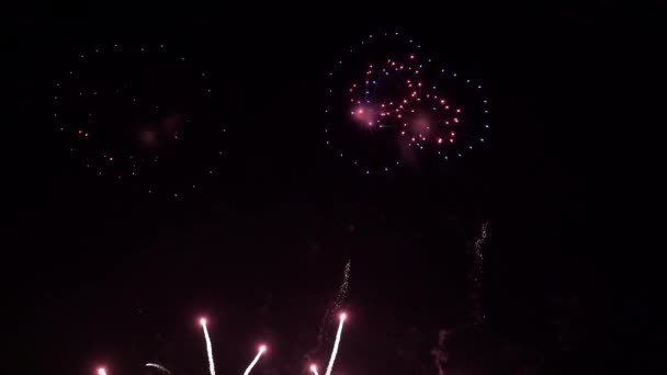 4K. largo tiempo lazo sin fisuras de los fuegos artificiales de colores reales festival en la exhibición del cielo por la noche durante la fiesta nacional, fiesta de año nuevo o evento de celebración — Vídeo de stock