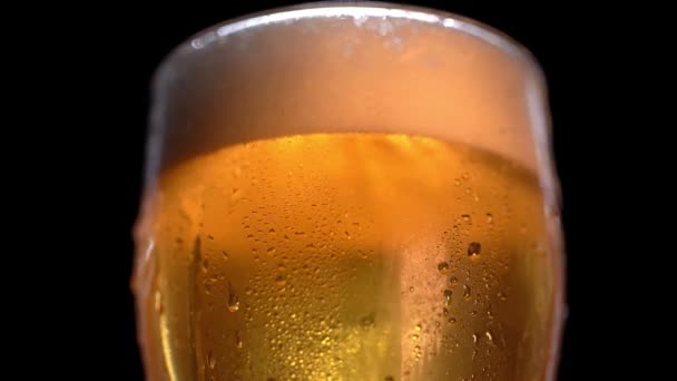 Hideg világos sör egy pohárban vízcseppekkel. A kézműves sör közel van. Forgatás 360 fok. 4K UHD videó 3840x2160 — Stock videók