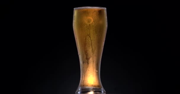 Κρύα μπύρα σε ποτήρι με σταγόνες νερού. Έννοια αλκοόλ. Η μπύρα από κοντά. Περιστροφή 360 μοίρες. Βίντεο 4K UHD 3840x2160 — Αρχείο Βίντεο