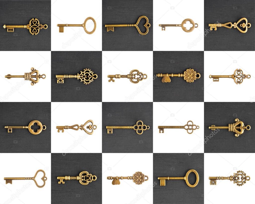 Bronze antique keys on black and white chess background. Modern design concept