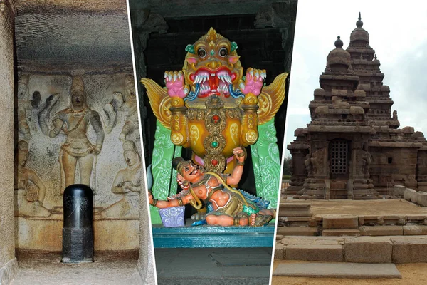 Vertikal Fotokollage Hindustatyer Och Tempel Indien Tamil Nadu Resor Och — Stockfoto