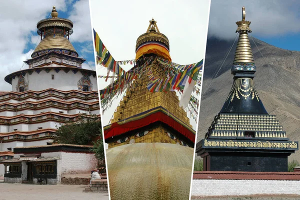 Fotocollage Vertical Estupas Monumentos Tibetanos Concepto Viajes Cultura —  Fotos de Stock