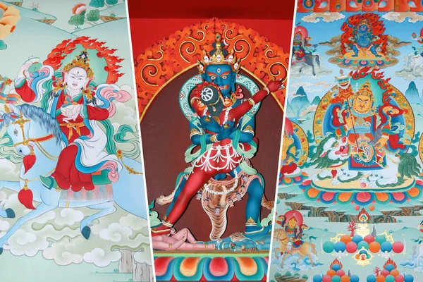 Tibetian图标Tanka的垂直照片拼贴 旅行和文化概念 — 图库照片
