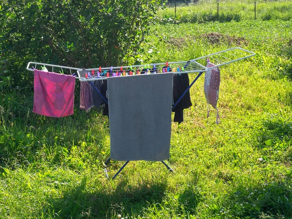 Taze Yıkanmış Çok Renkli Çamaşırlar Dışarıda Kurumaya Yüz Tutmuş Yeşil — Stok fotoğraf