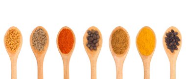 Set of spice in wooden spoons: fenugreek, cumin, chili pepper, allspice, masala, turmeric, black pepper. Delicious and healthy food concept 
