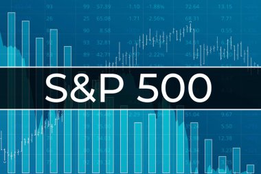 Amerika 'nın finans piyasa endeksi S ve P 500 (kalp spazmı) rakamlar, grafikler ve çubuklardan mavi finans arka planı üzerinde. Eğilim Yukarı, Aşağı, Düz. Borsa konsepti