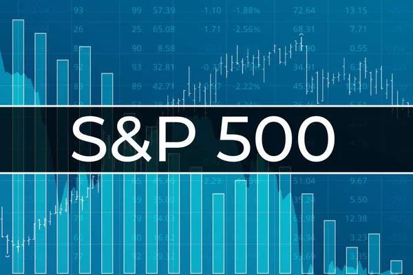 Amerika 'nın finans piyasa endeksi S ve P 500 (kalp spazmı) rakamlar, grafikler ve çubuklardan mavi finans arka planı üzerinde. Eğilim Yukarı, Aşağı, Düz. Borsa konsepti