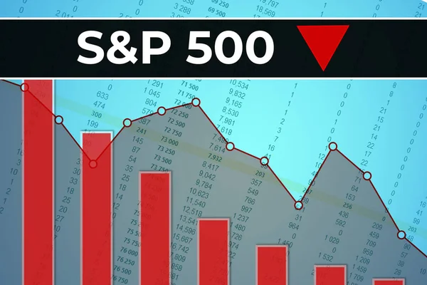 Amerikan finans piyasa endeksi S ve P 500 (kalp spazmı) rakamlar, grafikler, ok, sütunlar ve çizgilerden mavi finans arkaplanı. Trend Aşağı, Düz. Borsa konsepti
