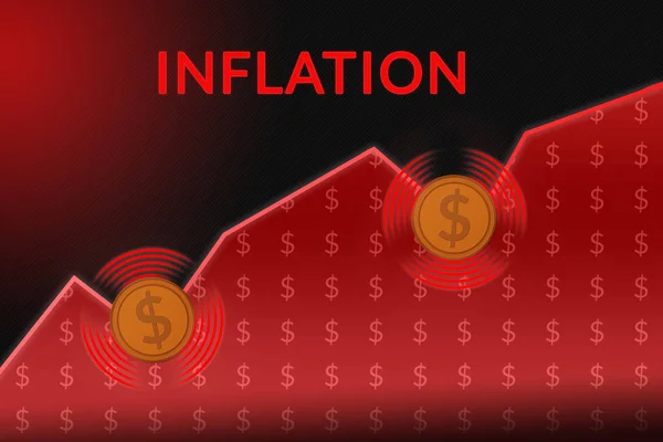 世界のインフレの成長 数字の列の赤い背景にドルコインの象徴的なイメージを持つライングラフ 世界危機の概念 — ストック写真
