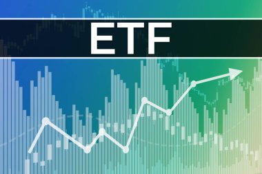 ETF 'nin mavi ve yeşil finans arkaplanındaki fiyat değişikliği grafikler, tablolar, sütunlar, sütunlar, mumlar, barlar, sayılar. Eğilim Yukarı ve Aşağı, Düz. Üç boyutlu illüstrasyon. Finansal türev pazar konsepti
