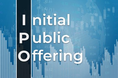 IPO (Initial Public Offering) on blue finance background from graphs, charts, columns, pillars, bars, numbers. Trend Up and Down, Flat. 3D illustration. Financial market concept clipart