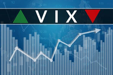VİX (Volatilite Index) alım satımındaki fiyat değişikliği (Volatilite Index), grafikler, grafikler, çizelgeler, sütunlar, mumlar ve sayılardan mavi finans arkaplanındaki geleceklerdir. Eğilim Yukarı ve Aşağı, Düz. Üç boyutlu illüstrasyon. Finansal türev pazar konsepti