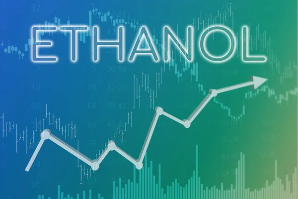 Price change on trading Ethanol futures on blue and green finance background from graphs, charts, columns, candles, bars, numbers. Trend Up and Down, Flat. 3D illustration. Financial derivatives market concept