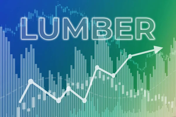 Price change on trading Lumber futures on blue and green finance background from graphs, charts, columns, candles, bars, numbers. Trend Up and Down, Flat. 3D illustration. Financial derivatives market concept