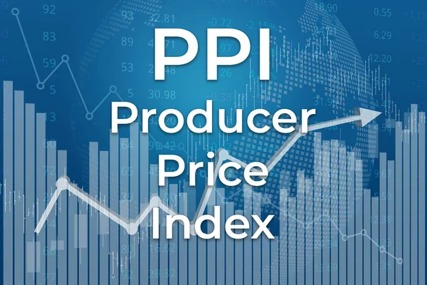Grafikler, grafikler, çizelgeler, sütunlar, mumlar, barlar ve sayılardan mavi finans fonuna finansal terim PPI (Yapımcı Fiyat Endeksi). Eğilim Yukarı ve Aşağı, Düz. Üç boyutlu illüstrasyon. Finansal piyasa kavramı