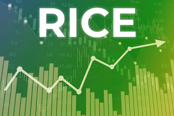 Price change on trading Rice futures on green finance background from graphs, charts, columns, candles, bars, numbers. Trend Up and Down, Flat. 3D illustration. Financial derivatives market concept