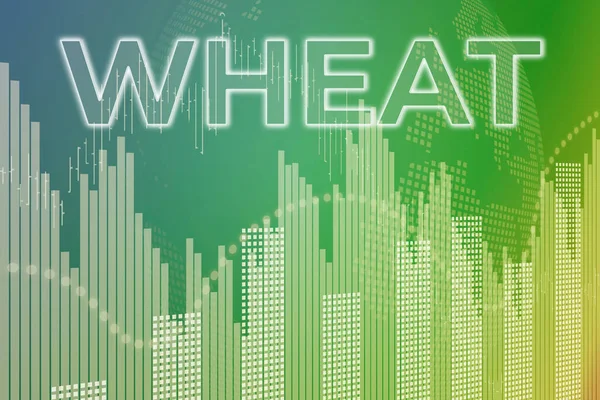 Price change on trading Wheat futures on green finance background from graphs, charts, columns, candles, bars, numbers. Trend Up and Down, Flat. 3D illustration. Financial derivatives market concept