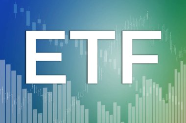 Financial term ETF (Exchange traded fund) on blue and green finance background from graphs, charts, columns, candles, bars, numbers. Trend Up and Down, Flat. 3D illustration. Financial market concept clipart