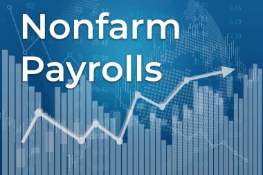 Grafikler, çizelgeler, sütunlar, çubuklar ve sayılardan mavi finans geçmişi üzerine finansal terimler. Eğilim Yukarı ve Aşağı, Düz. Üç boyutlu illüstrasyon. Finansal piyasa kavramı
