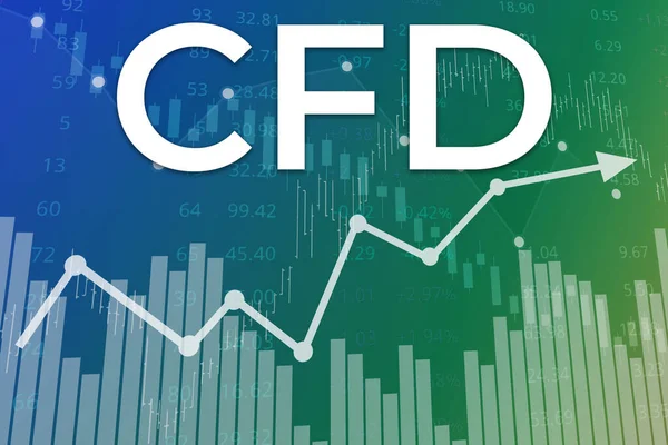 Financial term CFD (Contract For Difference) on blue finance background from graphs, charts, columns, candles, bars, numbers. Trend Up and Down, Flat. 3D illustration. Financial market concept