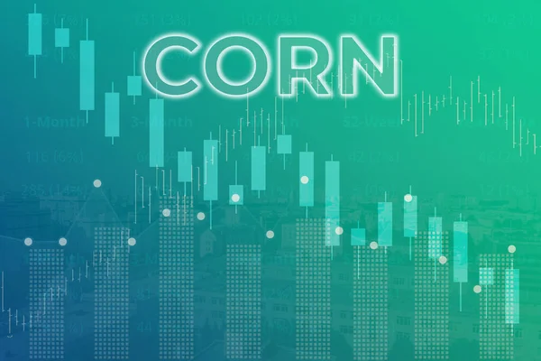 Price change on trading Corn futures on magenta finance background from graphs, charts, columns, pillars, candles, bars, number. Trend up and down. 3D illustration. Financial derivatives market concept