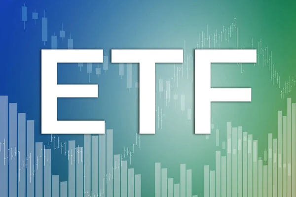 Financial term ETF (Exchange traded fund) on blue and green finance background from graphs, charts, columns, candles, bars, numbers. Trend Up and Down, Flat. 3D illustration. Financial market concept