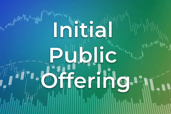 Financial term IPO (Initial Public Offering) on blue and green finance background from graphs, charts, columns, bars, numbers. Trend Up and Down, Flat. 3D illustration. Financial market concept