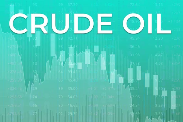 Price change on Crude Oil futures in world on green finance background from columns, graphs, charts, candle, arrow. Trend up and down. 3D illustration. Financial derivatives market concept