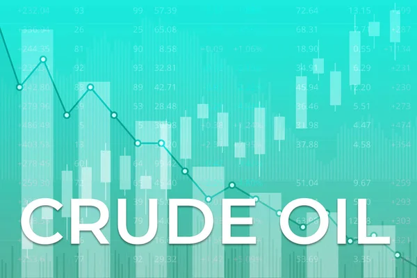 Price change on Crude Oil futures in world on green finance background from columns, graphs, charts, candle, lines. Trend up and down. 3D illustration. Financial derivatives market concept