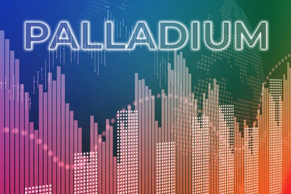 Price change on trading Palladium futures on finance background from graphs, charts, columns, earth. Trend up and down. 3D illustration. Financial derivatives market concept