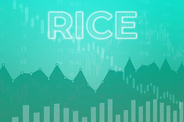 Price change on trading Rice futures on green finance background from graphs, charts, columns, pillars, candles, bars, number. Trend up and down. Financial derivatives market concept