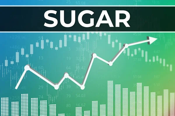 Price change on trading Sugar futures on green finance background from graphs, charts, columns, pillars, candles, bars, number. Trend up and down. Financial derivatives market concept