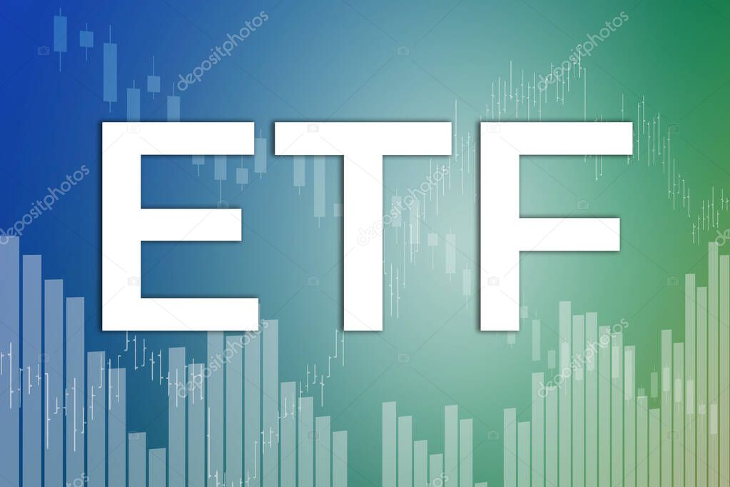 Financial term ETF (Exchange traded fund) on blue and green finance background from graphs, charts, columns, candles, bars, numbers. Trend Up and Down, Flat. 3D illustration. Financial market concept