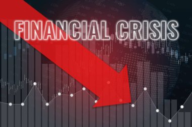 Finansal kriz, borsada fiyat düşüşü karanlık ve kırmızı arkaplanda kırmızı oklu. Eğilim aşağı yukarı. Üç boyutlu illüstrasyon. Borsa konsepti