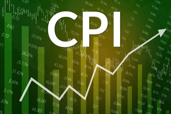 Yeşil finans zemininde mali terim CPI (Tüketici Fiyat Endeksi). Eğilim Yukarı ve Aşağı, Düz. Üç boyutlu illüstrasyon. Finansal piyasa kavramı