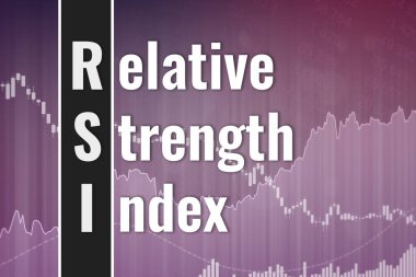 Finansal terim RSI - Karanlık ve morumsu arka plan üzerindeki göreceli güç endeksi, grafikler ve grafiklerden gelir. Eğilim Yukarı ve Aşağı. 3 boyutlu görüntüleme. Finansal piyasa kavramı