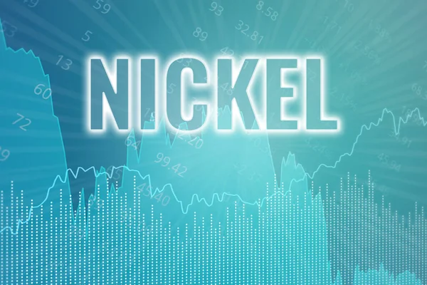Price change on trading Nickel futures on blue finance background from graphs, charts, columns, earth. Trend up and down. 3D render. Financial derivatives market concept