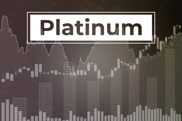 Price change on trading Platinum futures on dark gray finance background from graphs, charts, columns, earth, bars, candles. Trend up and down. 3D render. Financial derivatives market concept