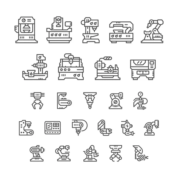 Establecer iconos de línea de máquina herramienta, industria robótica — Vector de stock