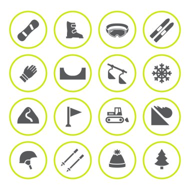 Kayak ve snowboard yuvarlak Icons set