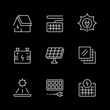 Güneş panellerinin çizgi simgelerini siyah üzerine izole et