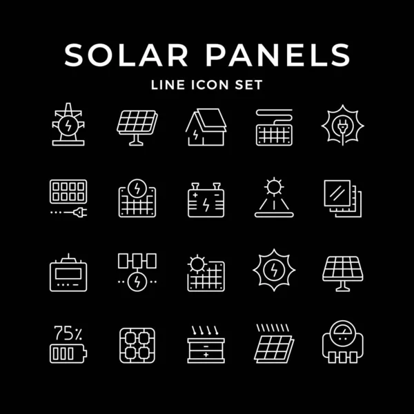 Güneş panellerinin çizgi simgelerini siyah üzerine izole et — Stok Vektör