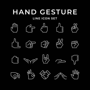 Siyah üzerine izole edilmiş el hareketlerinin çizgi simgelerini ayarla